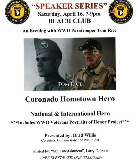 Coronado Hometown Hero Tom Rice Saturday April 16, 7-9 PM
