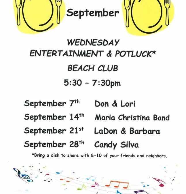 Wednesday Entertainment and Potluck Beach Club 5:30 – 7:30pm