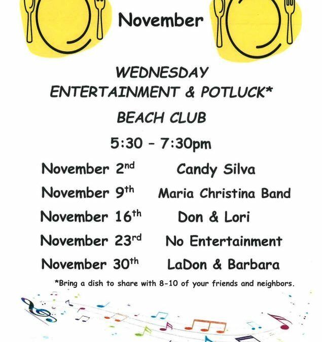 Wednesday Entertainment and Potluck Beach Club 5:30 – 7:30 PM