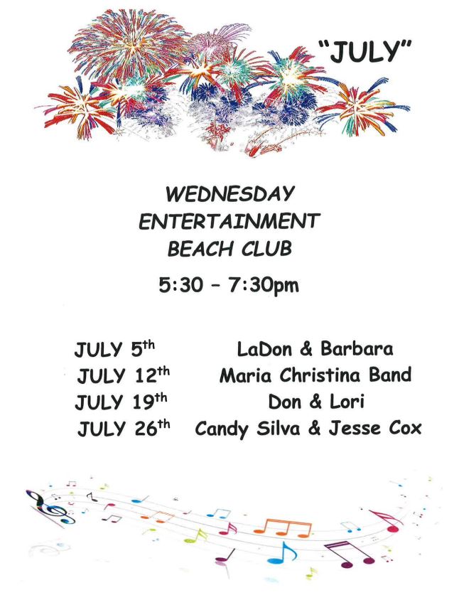 Wednesday Entertainment Beach Club 5:30 – 7:30 PM